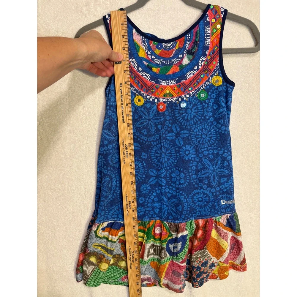 Desigual Uagadugu Girls Blue Mandala Embroidered Mirror Ruffle Dress Size 9/10